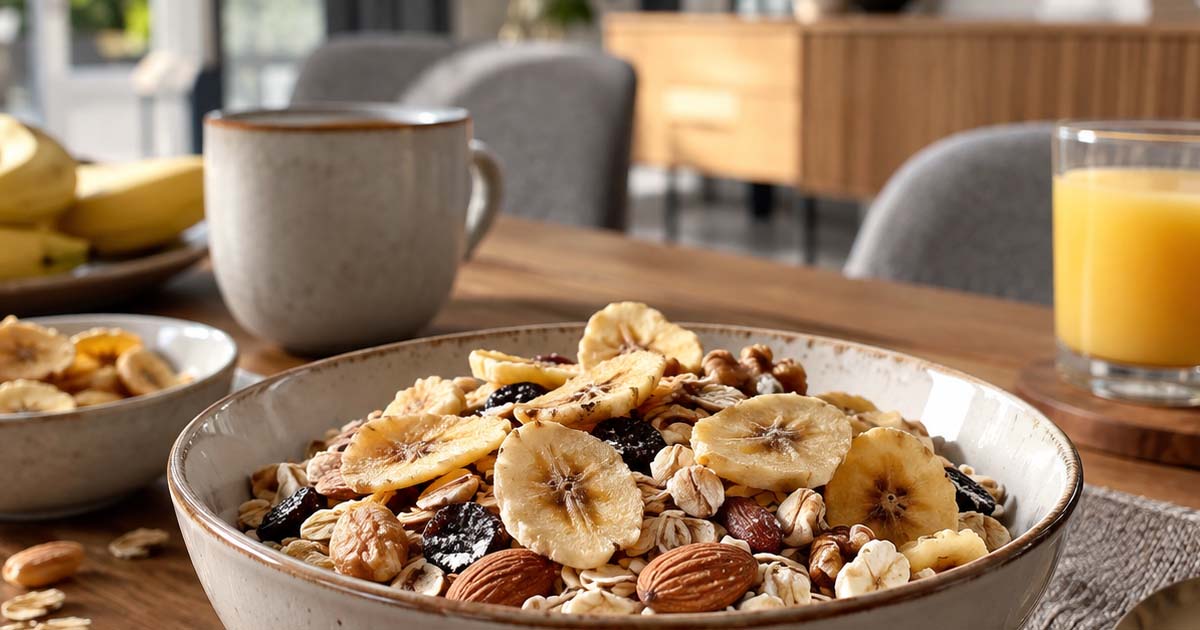 Müsli und Bowl mit Bananenchips