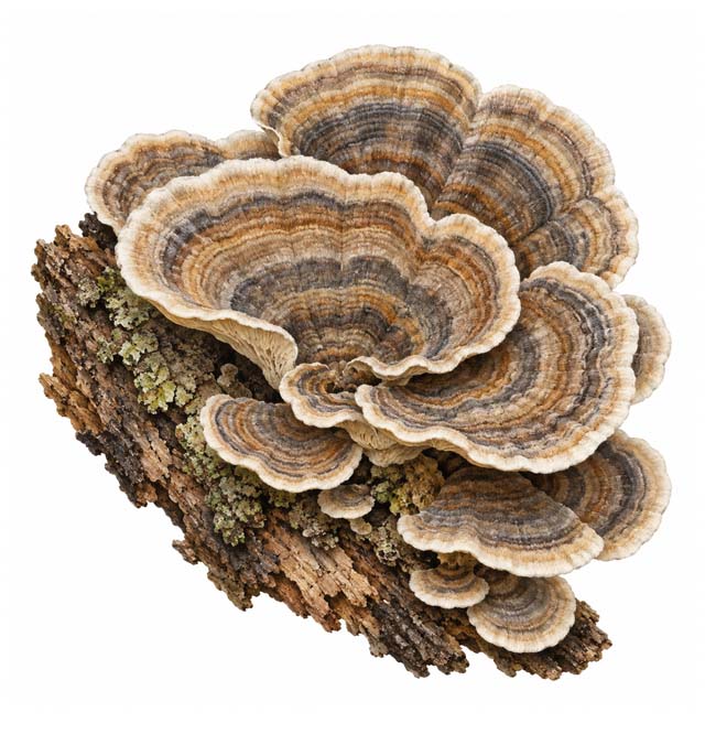 Schmetterlingstramete (Coriolus) mit gebänderten, fächerförmigen Hüten an totem Holz