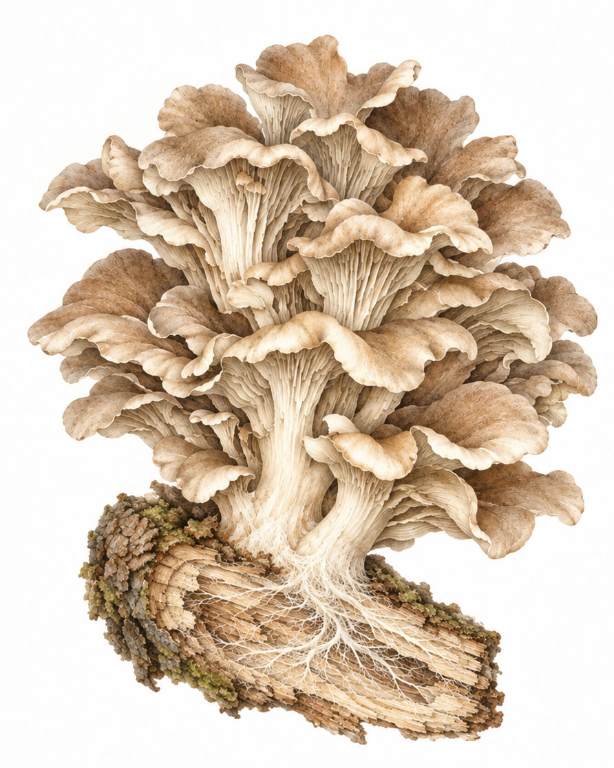 Maitake, Fruchtkörper mit Myzel Illustration