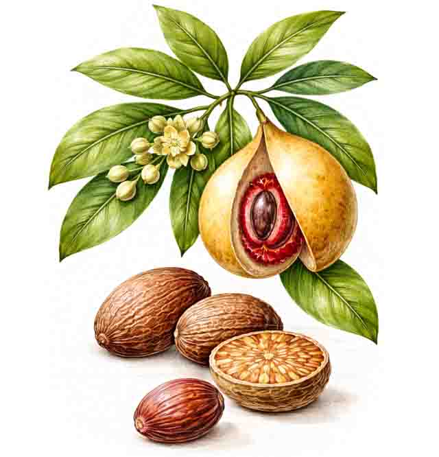 Aufgesprungene Muskatfrucht mit dunklem Samen im leuchtend roten Samenmantel