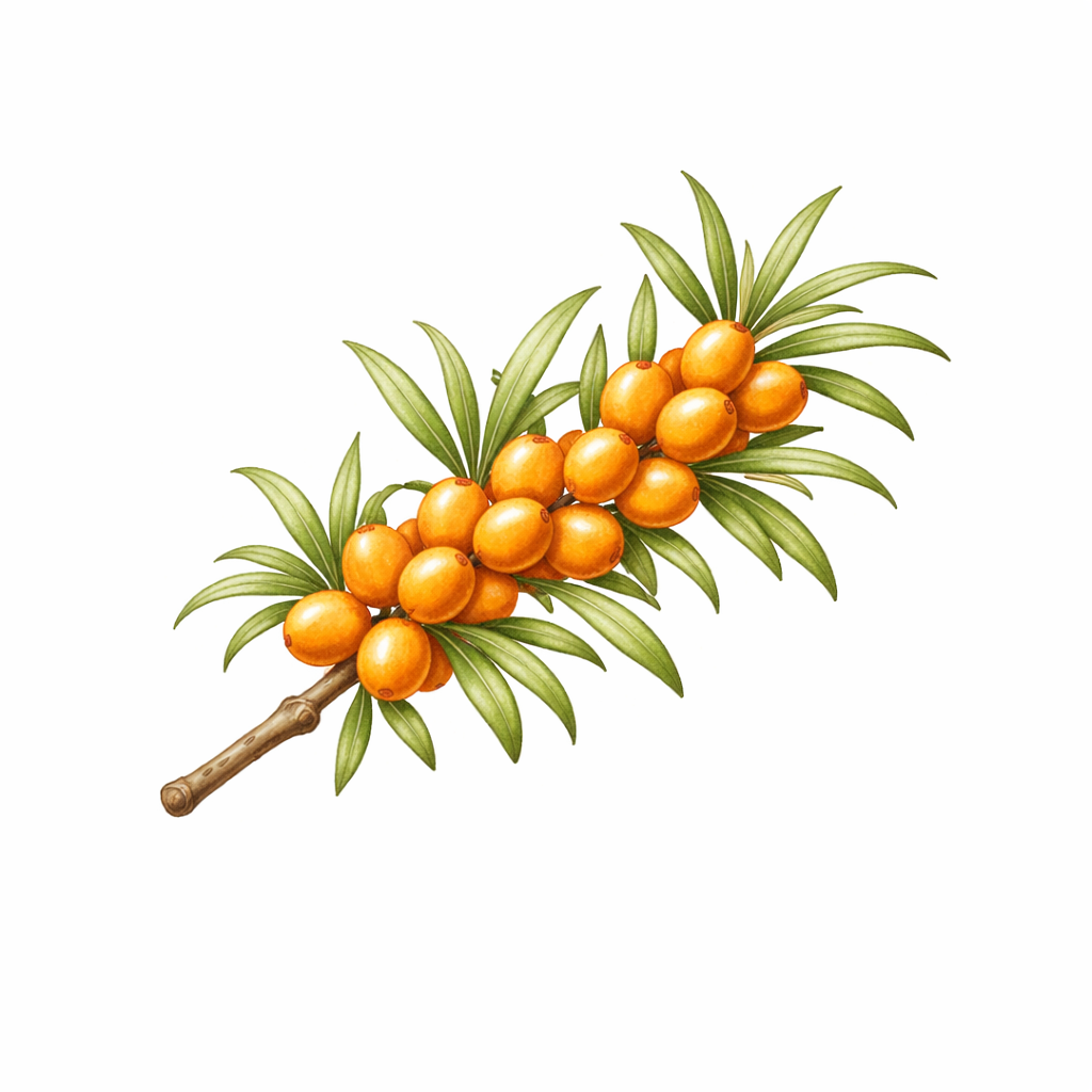 Dorniger Sanddornzweig mit dicht sitzenden orangefarbenen Früchten und silbrigen Blättern