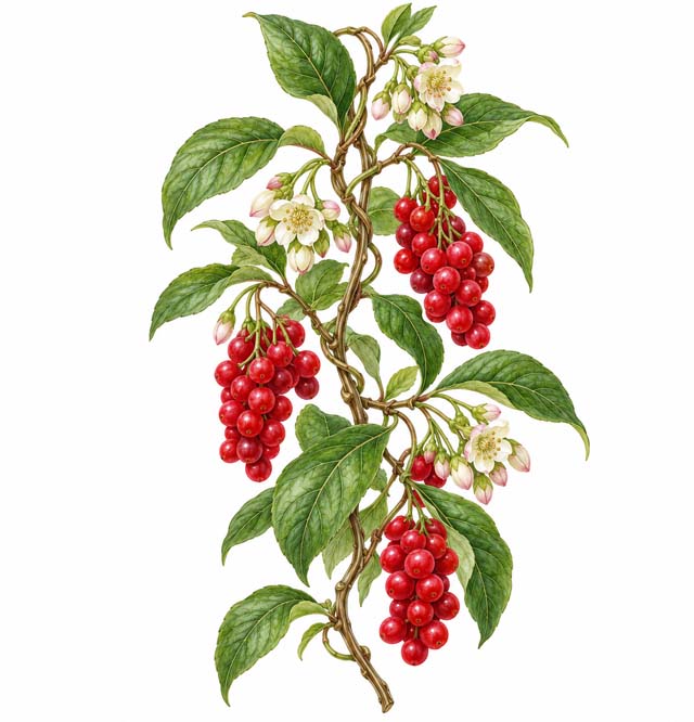 Rote Fruchttrauben der Schisandra an der Kletterpflanze